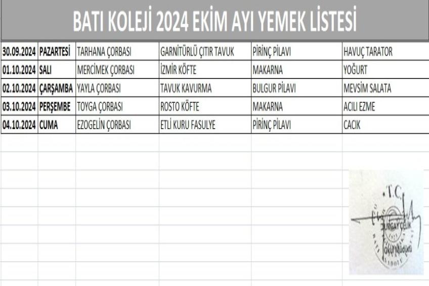 EKİM AYI YEMEK LİSTESİ - 1.HAFTA